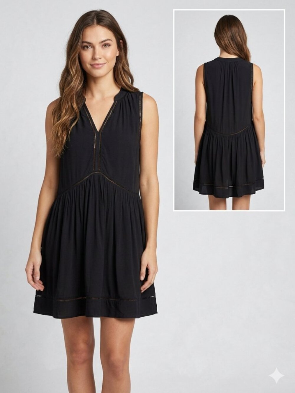 Seafolly Australia Black V-Neck Sleeveless Ladder Lace Trim Summer Mini Dress M